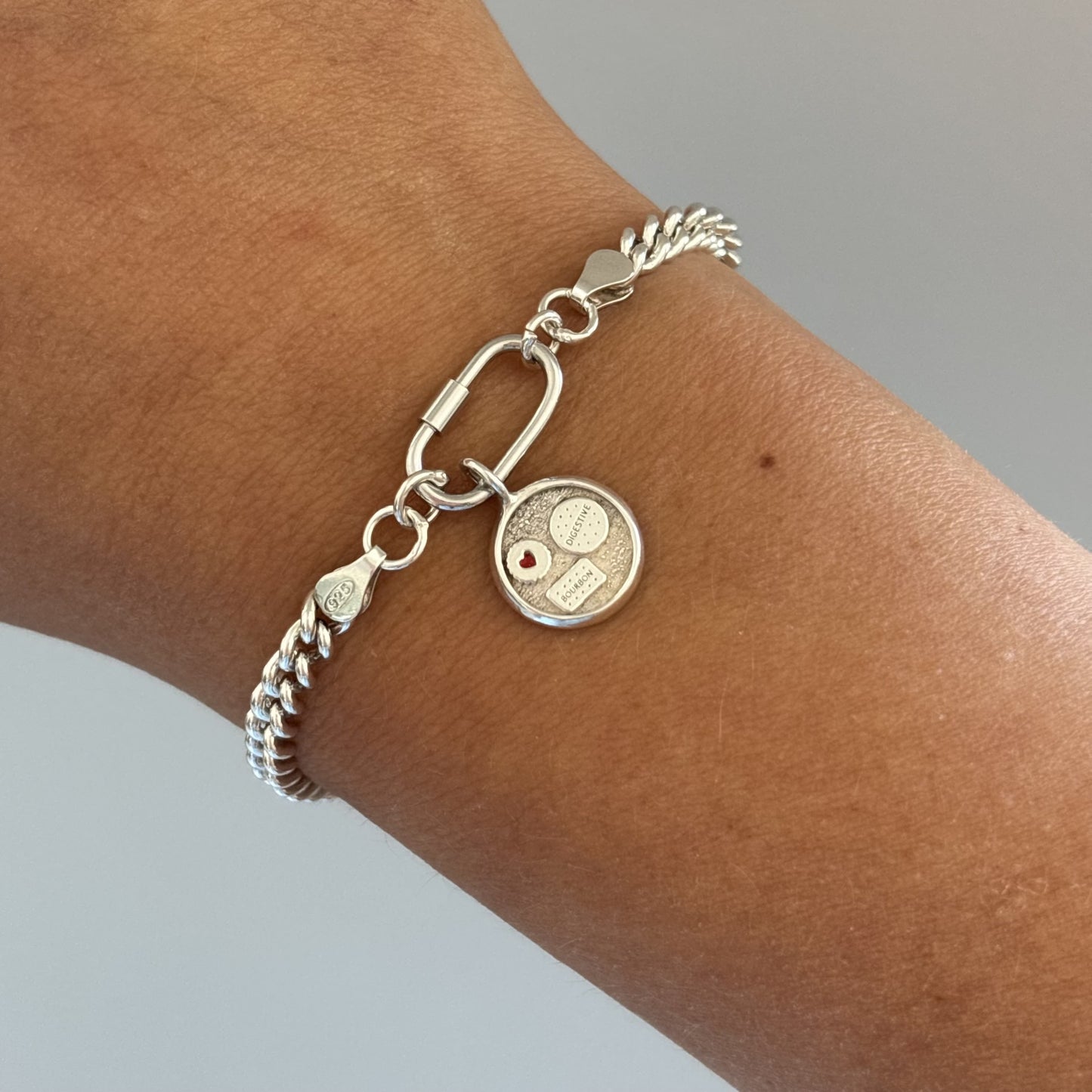 Sterling Silver Biscuit Charm Bracelet on Curb Chain