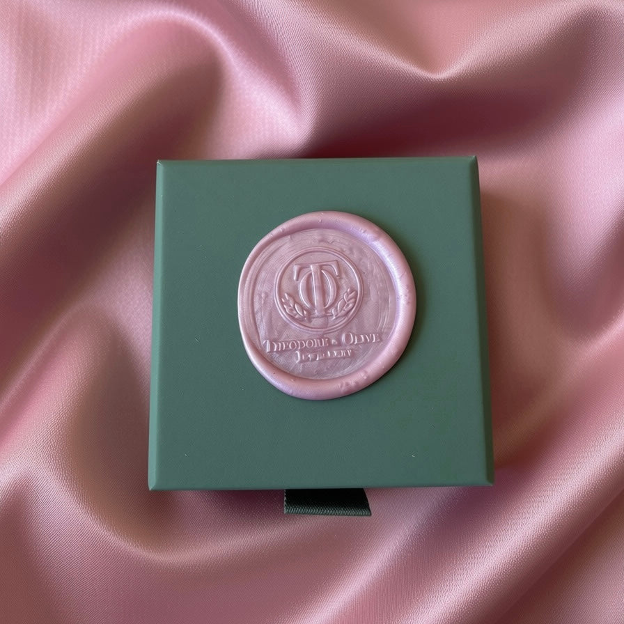 A square sage green gift box with a pink wax seal featuring Theodore and Olive Jewellery Logo