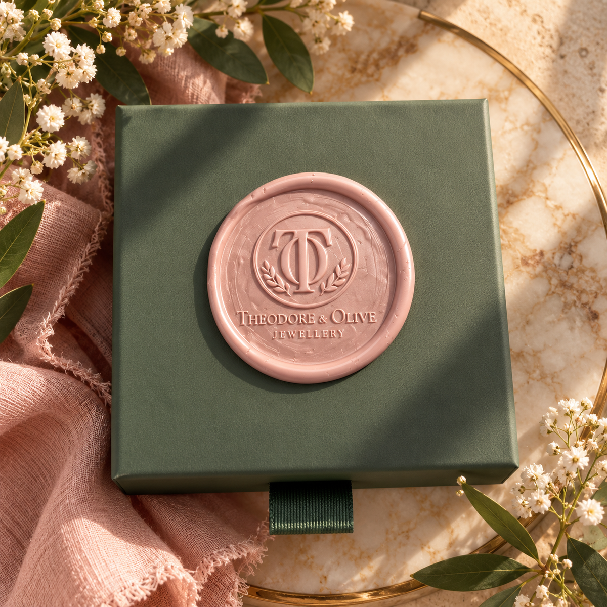Packaging jewellery box in sage green with Theodore and Olive jewellery wax seal stamp