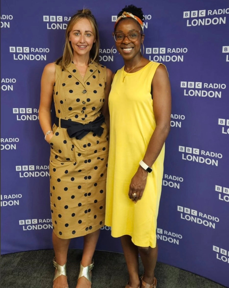 Tamsin, founder of Theodore & Olive Jewellery, with a BBC Radio London presenter following her radio interview