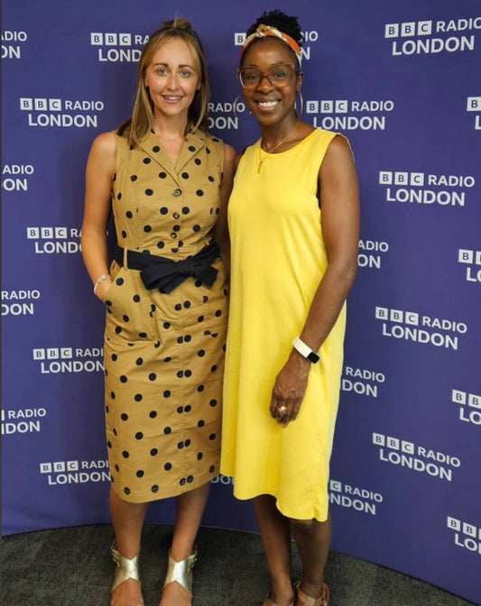 Tamsin, founder of Theodore & Olive Jewellery, with a BBC Radio London presenter following her radio interview