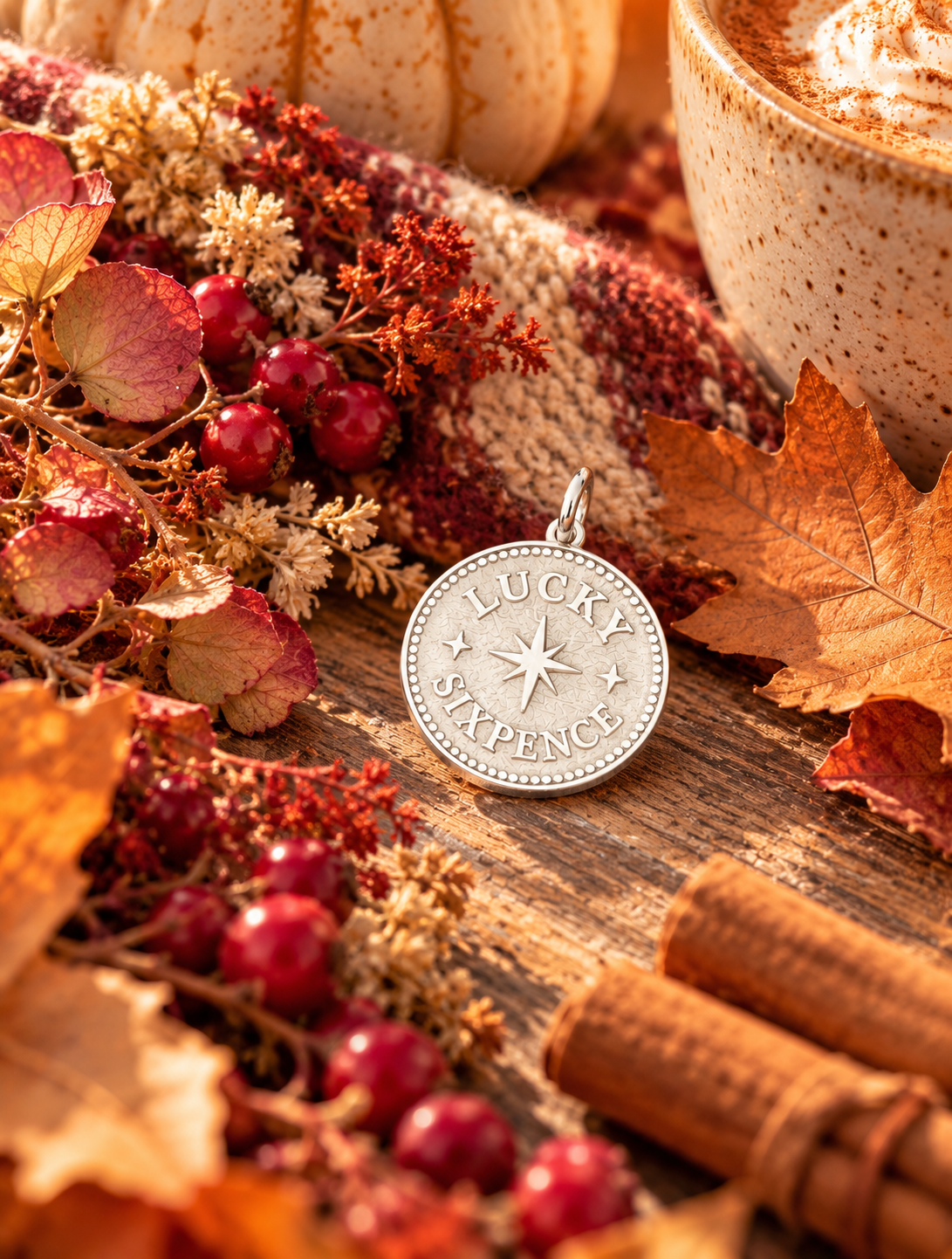 A sterling silver lucky sixpence charm surrounded by autumn leaves and berries with a pumpkin spiced late and pumpkin