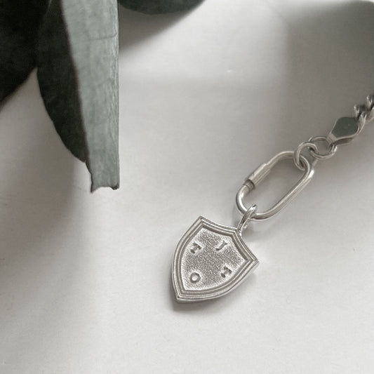 Silver Shield Charm with initials, layer on a white surface with a green eucalyptus leaf