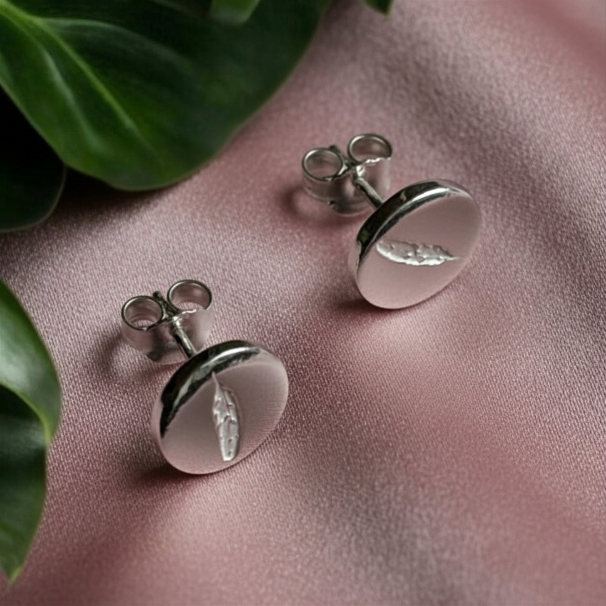Sterling silver round stud earrings with engraved feather detail for memorial gift