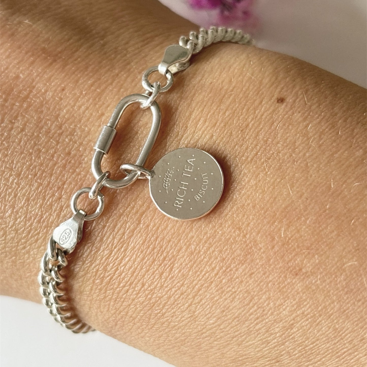 Silver curb chain bracelet with Silver Rich Tea Biscuit Charm