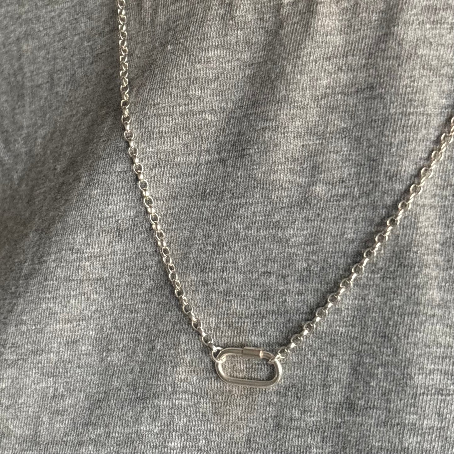 Sterling silver carabiner clasp on belcher chain charm necklace 