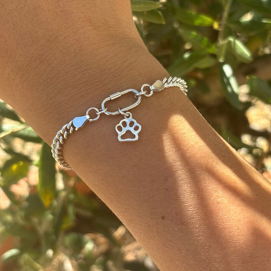Silver curb chain bracelet with paw print charm
