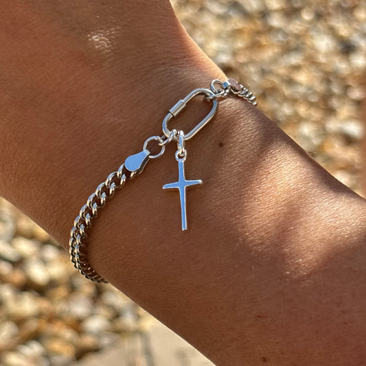 Silver curb chain bracelet with silver cross