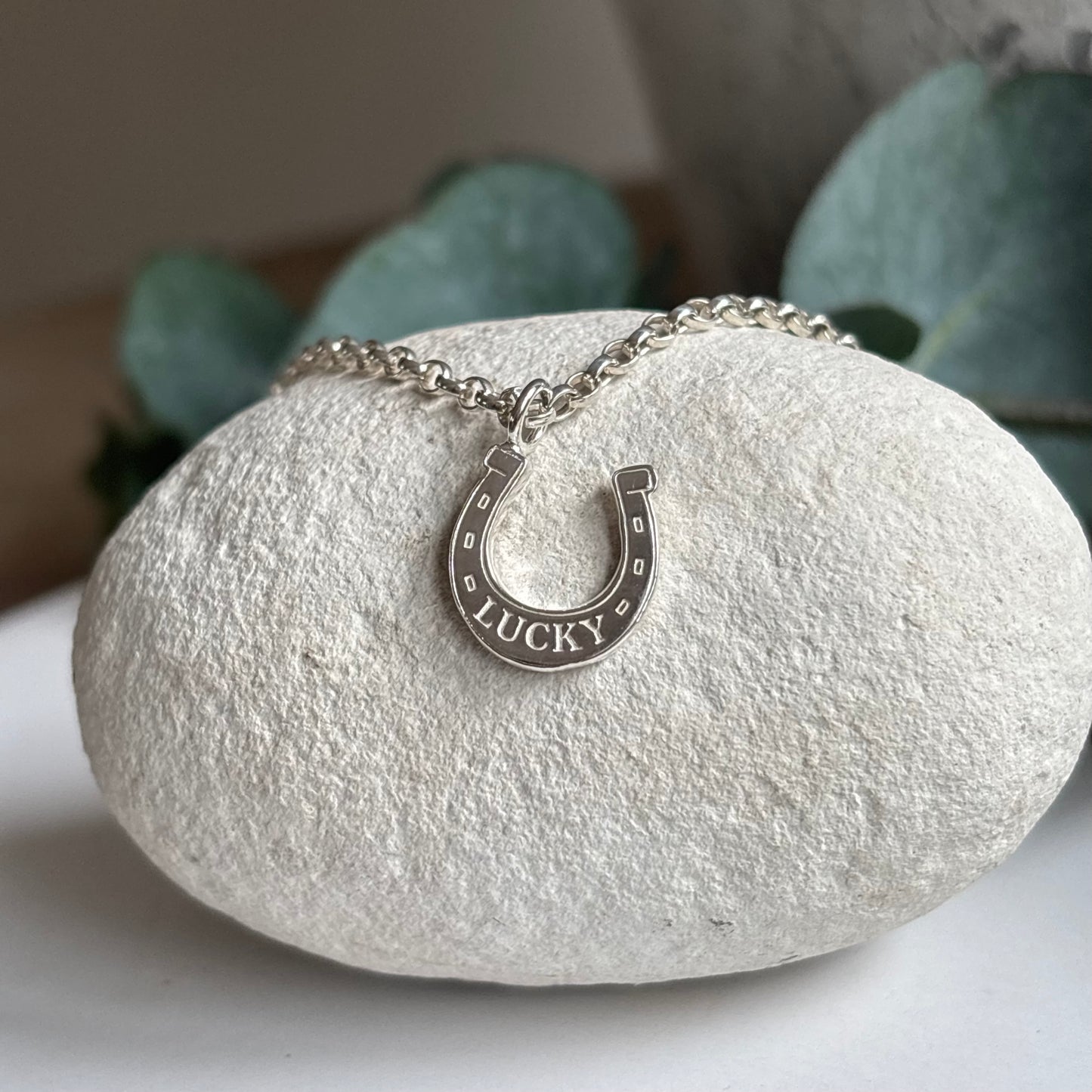 Silver necklace with a horseshoe pendant labeled 'Lucky' on a textured stone surface.