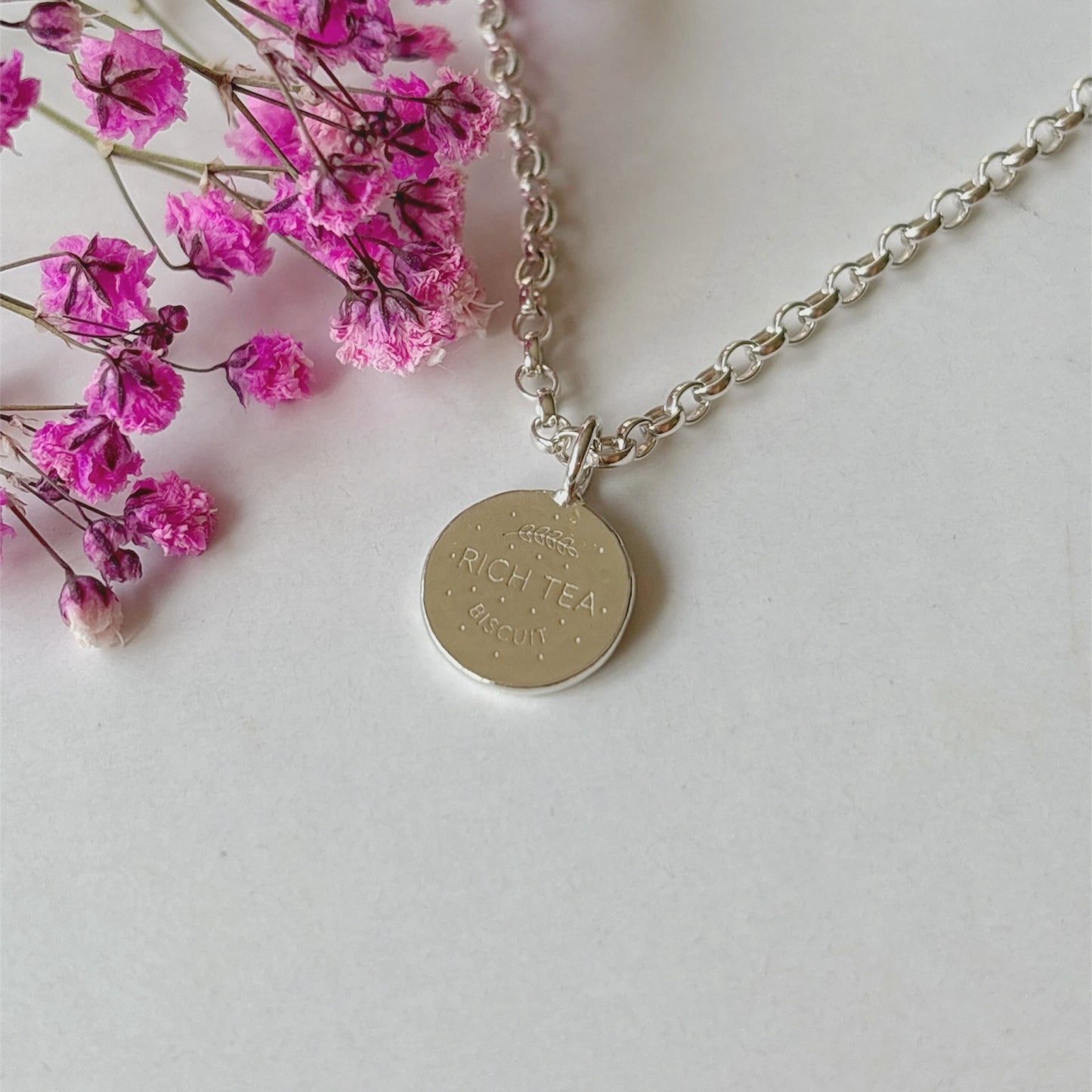 Silver necklace with a Rich Tea Biscuit Charm 