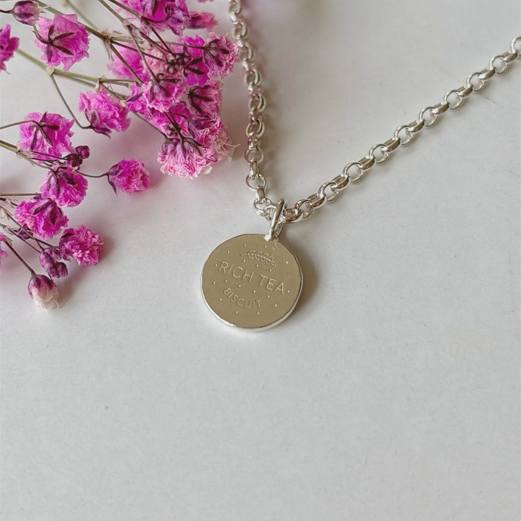 Silver necklace with a Rich Tea Biscuit Charm 
