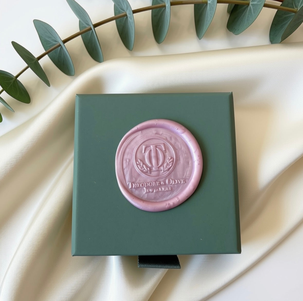 Green jewellery box with a pink wax seal stamp laying on a cream satin cloth with eucalyptus 