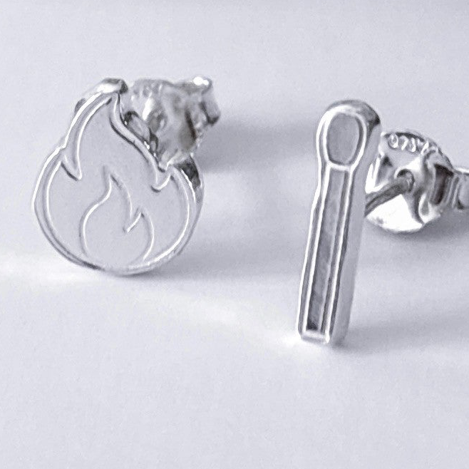 Mismatched Sterling Silver Match & Flame Studs – Quirky "The Spark" Earring Set