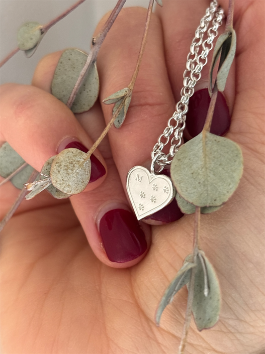 Personalised solid silver pug rescue necklace with engraved heart charm