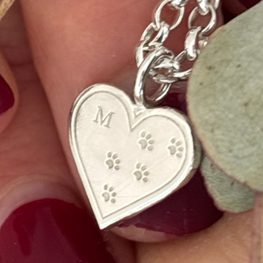 Dog Paw Print and Initial Charm Necklace - Sterling Silver