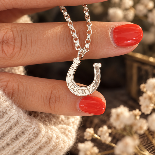 A silver horseshoe pendant necklace engraved with the word 'LUCKY' and small heart details, held on a person's fingers with red nail polish and a cream knit sleeve visible, against a softly blurred floral background.
