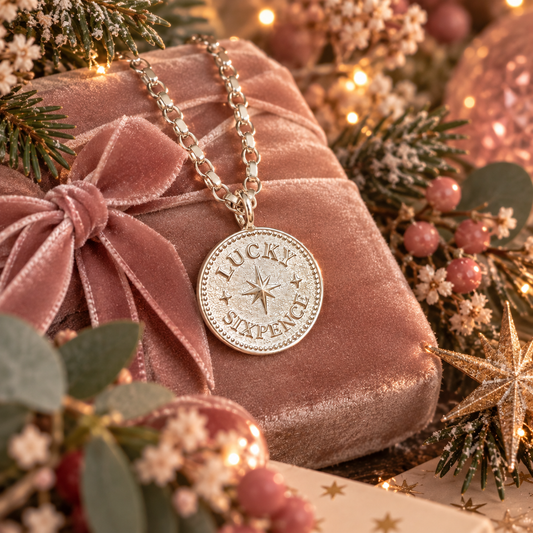 Sterling Silver lucky sixpence charm necklace laid on dusky pink velvet 