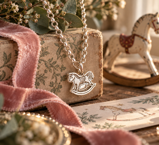 Rocking horse charm necklace surrounds by a pink ribbon, a rocking horse 