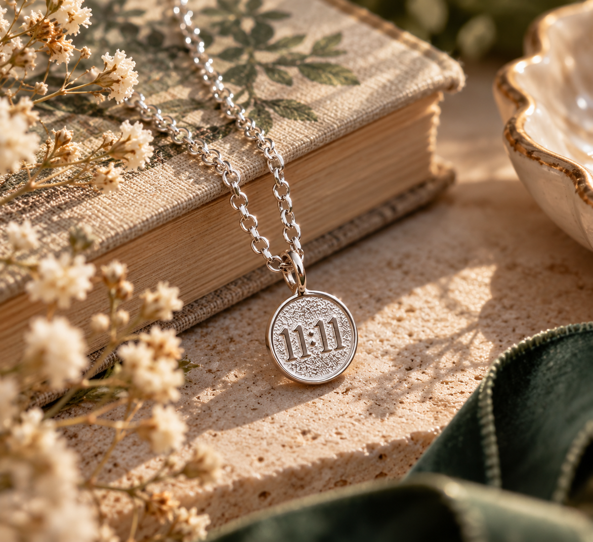 A silver pendant necklace with a round coin-style charm engraved with '11:11' rests on a vintage book, surrounded by dried flowers and a textured stone surface in warm natural light.