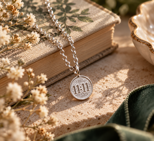 A silver pendant necklace with a round coin-style charm engraved with '11:11' rests on a vintage book, surrounded by dried flowers and a textured stone surface in warm natural light.