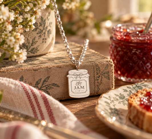 Sterling silver jam jar charm necklace surrounded by jam toast and resting on a table