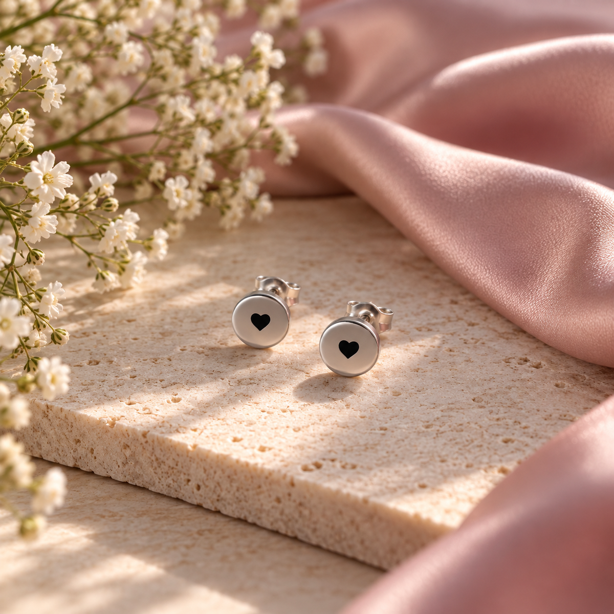 A pair of silver stud earrings with a small black heart in the center, displayed on a textured beige stone slab with pink satin fabric and white baby's breath flowers.