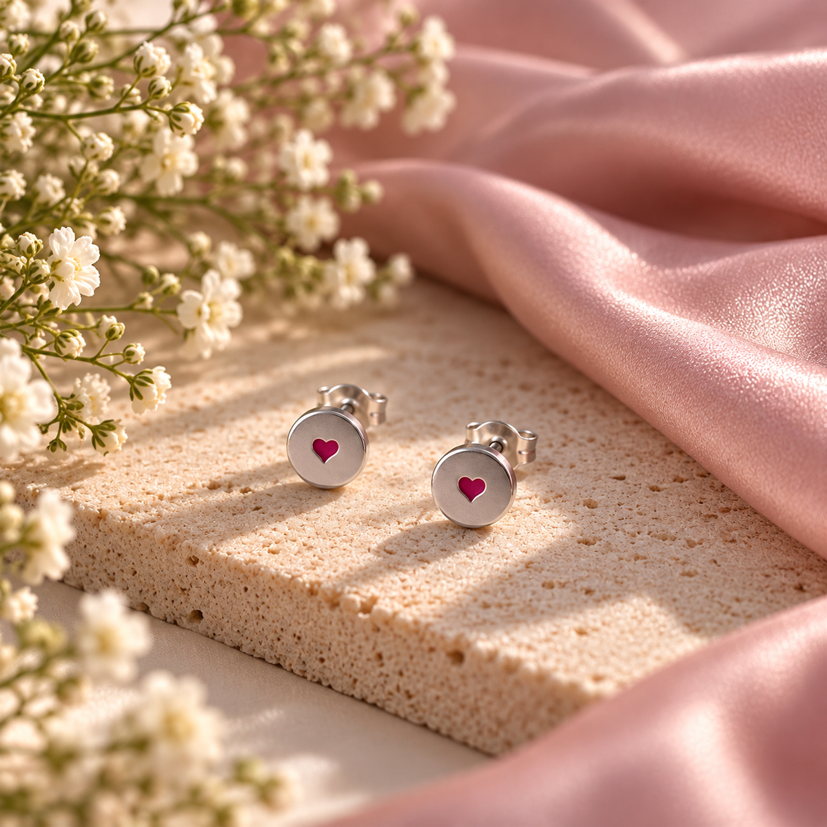 Sterling silver studs with pink hearts in the centre laid on a beige slab and surrounded by pink material 