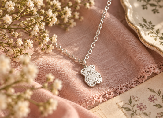 A silver teddy bear pendant necklace resting on a soft pink lace-trimmed fabric, surrounded by white baby's breath flowers and a vintage floral plate.