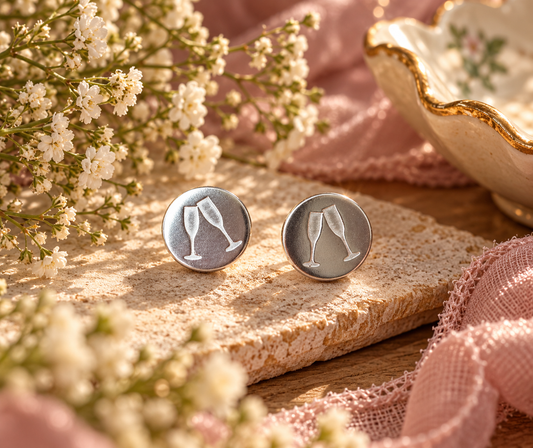 Sterling silver stud earrings with engraved champagne glasses laying on a beige slab with pink material and white flowers 