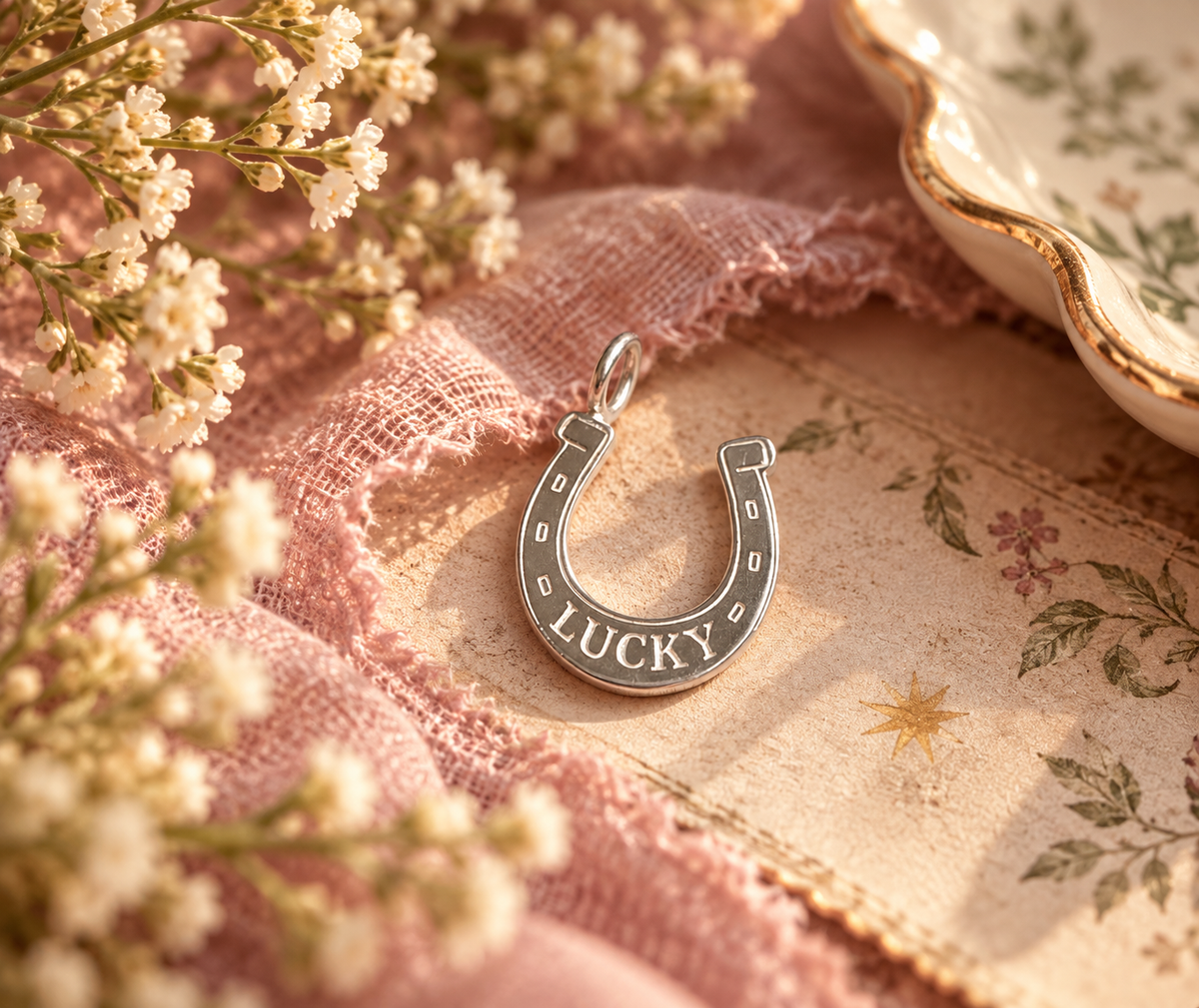 A silver horseshoe-shaped charm engraved with the word 'LUCKY' and a small bail, styled on a pink textured fabric over a floral cream cloth with white flowers and a gold-rimmed dish in the background.