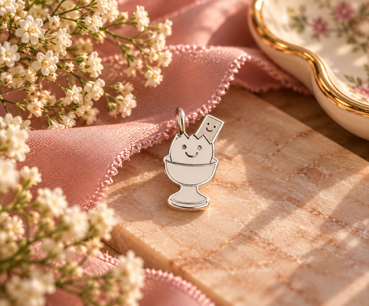 Sterling silver dippy egg and soldier charm with playful smiling detail, handmade by Theodore & Olive Jewellery