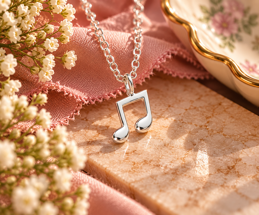 Music note on a silver chain surrounded by pink material and white flowers 