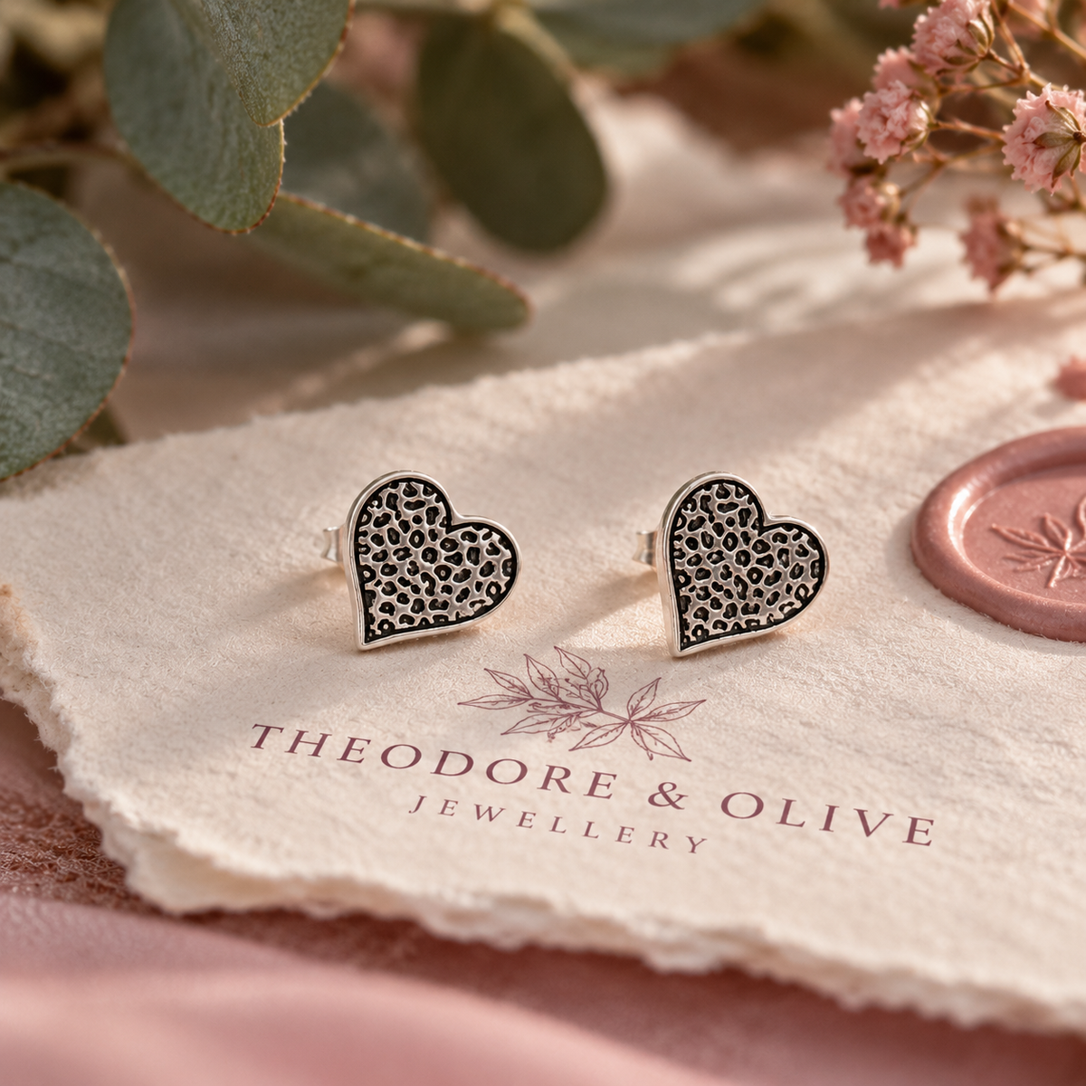 Leopard print stud earrings laid onto white Theodore and Olive jewellery material 