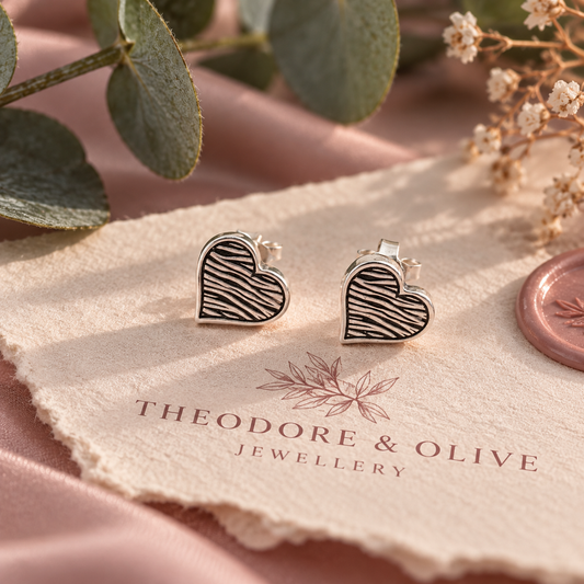 A pair of heart-shaped stud earrings with a black and white zebra stripe pattern on a silver base, displayed on a branded beige paper card with a wax seal. The card is styled on a pink satin background with eucalyptus leaves and dried flowers.