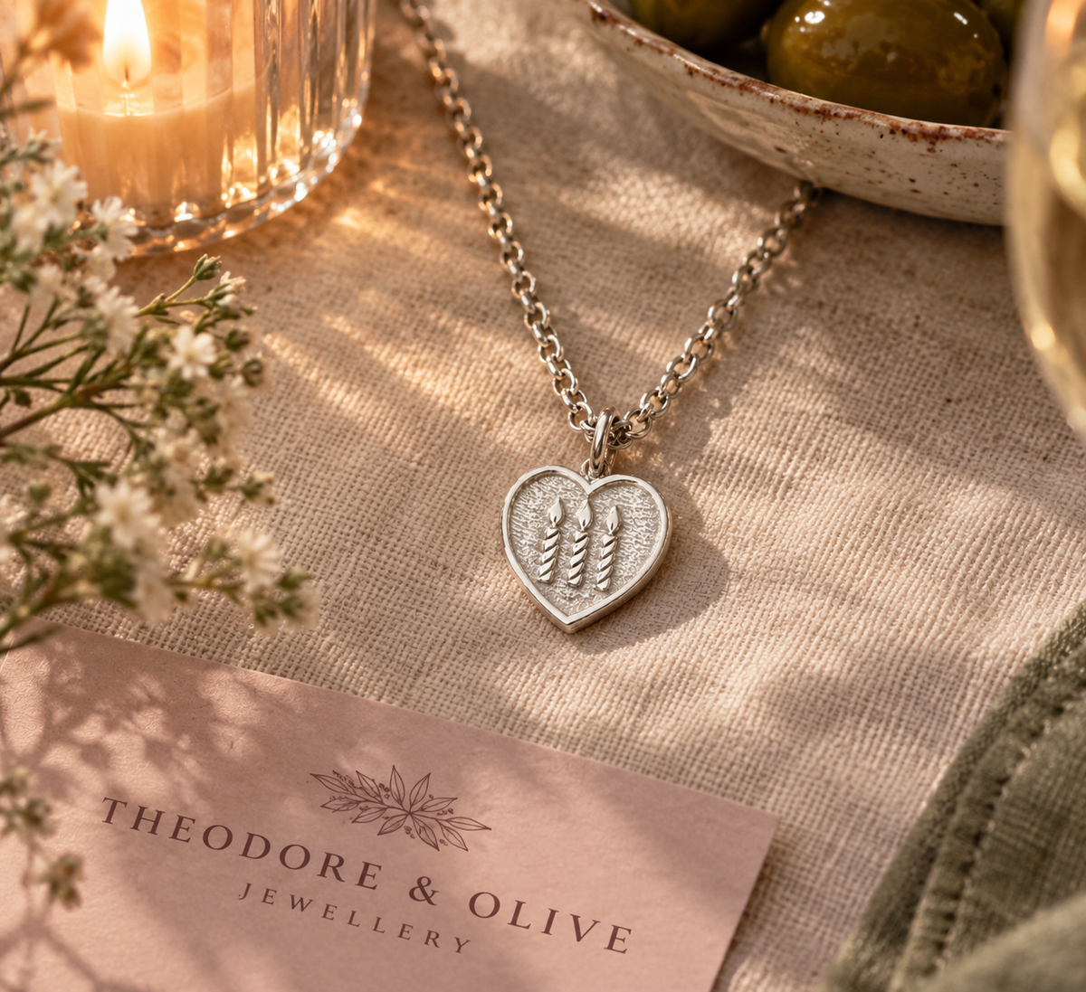 A silver heart pendant necklace with a wheat motif, displayed on a chain over a linen surface with a candle, flowers, and a bowl of olives. A card reading Theodore & Olive Jewellery is visible in the foreground.