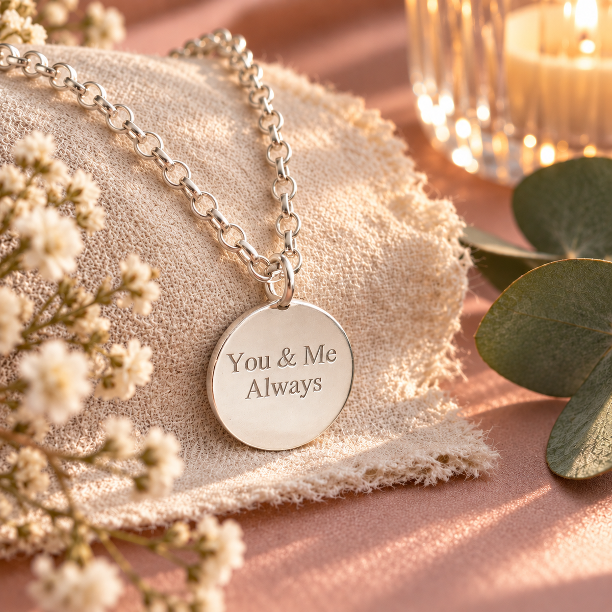 Handmade sterling silver “You & Me Always” necklace by Theodore & Olive Jewellery, styled with soft cream linen, eucalyptus and delicate flowers