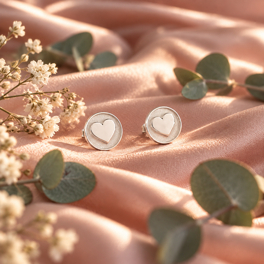 Sterling silver heart stud earrings on soft blush pink satin, styled with delicate white flowers and eucalyptus in warm natural light.