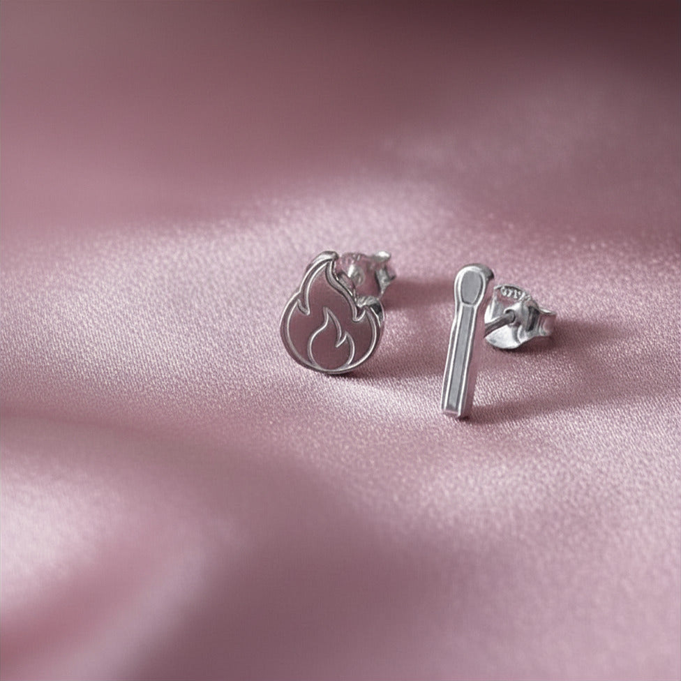 Mismatched Sterling Silver Match & Flame Studs – Quirky "The Spark" Earring Set